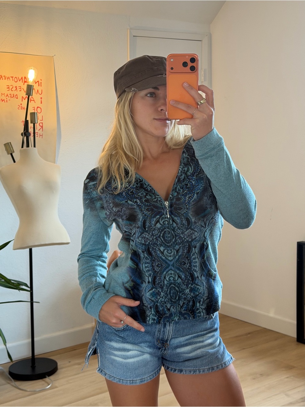 Y2K Blue Embellished Paisley Zip Up Hoodie Size Small